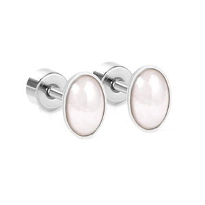 Detailed view of silver oval stud earrings with translucent pink stones and screw backs