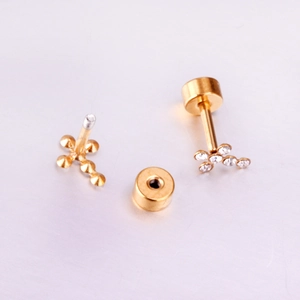 Gold stainless steel cross stud earrings with sparkling crystals and screw back closures