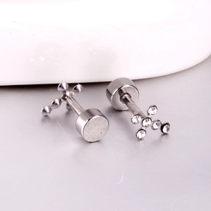 Silver stainless steel cross stud earrings with sparkling crystals and screw back