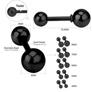 Black stainless steel barbell earrings detail showing various bead sizes and twist mechanism