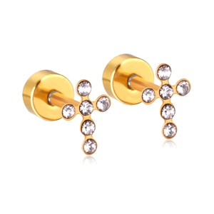 Polished gold stainless steel cross stud earrings with sparkling round zirconia accents