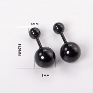 Black stainless steel ball earrings dimensions 15.5mm length with 4mm and 5mm beads