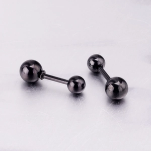 Minimalist black stainless steel double ball stud earrings in a sleek barbell design