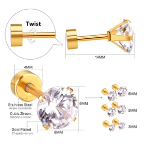Détails des boucles d'oreilles en acier doré avec fermoir à vis et différentes tailles