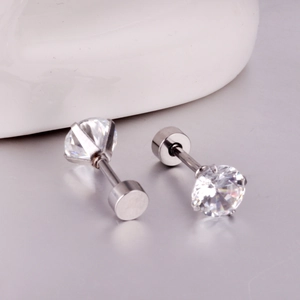Boucles d'oreilles en acier argenté avec zircon rond et fermoir à vis sécurisé