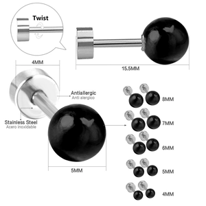 Detailed size guide of black stainless steel ball stud earrings with screw-back closure