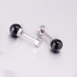 Pair of black pearl stud earrings with stainless steel dumbbell screw back closure