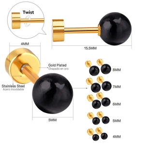Detailed size chart of black pearl screw-back stud earrings in gold-plated stainless steel