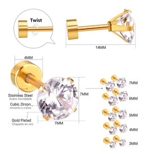 Detailed size chart for 3-7mm round cubic zirconia stud earrings with screw backs