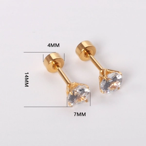 Detailed measurements of gold stud earrings with 7mm clear zircon and screw-back closure