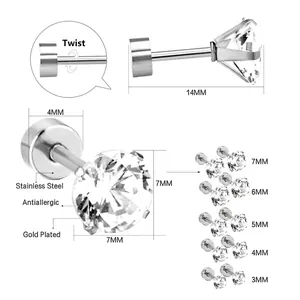Detailed size chart for four-claw round zirconia stainless steel stud earrings