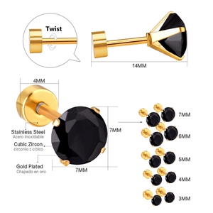 Detail view of gold-plated stainless steel black zircon stud earrings in various sizes