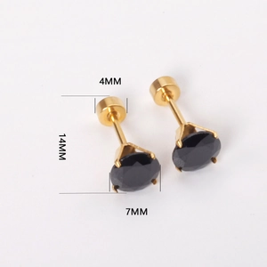 Detail view of 7mm black stud earrings showing precise dimensions and four-prong setting