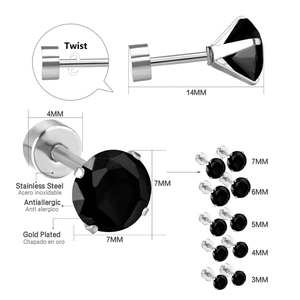 Detail of black zircon stud earrings showing twist-on backs and 3mm to 7mm size options