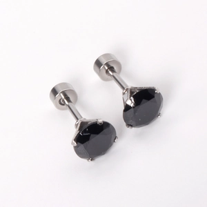 Detail view of four-prong black zircon stud earrings with stainless steel screw backs