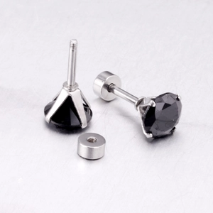 Macro detail of black round zircon earrings with secure screw-back stainless steel posts