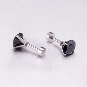 Macro shot of black zircon earrings with four-claw silver-tone steel screw-back studs