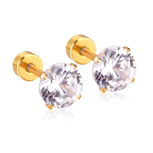 Classic four-prong round zircon stud earrings with gold plating and flat back screw design