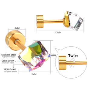 Macro detail of gold plated stainless steel stud with 4mm cubic zirconia and twist back