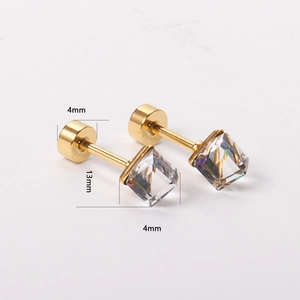 Detail view of 4mm gold square zircon stud earrings with product size measurements