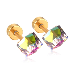 Rainbow square crystal earrings in gold stainless steel with flat back disk closure