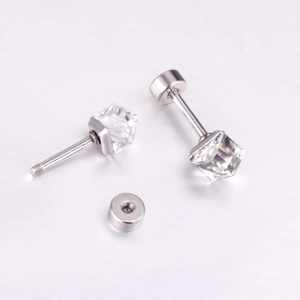 Minimalist square zircon stud earrings with secure screw-back design in stainless steel