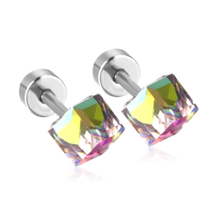 Macro shot of cubic rainbow crystal stud earrings with polished steel screw backs