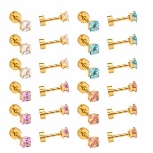 Square colored zircon earrings set in 18K gold-plated stainless steel with screw backs