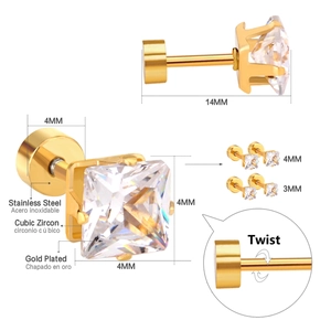 Square cubic zirconia stud earrings in 18K gold plated stainless steel with twist back