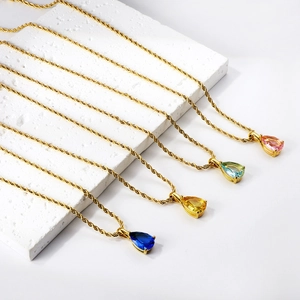 Collier Pendentif Pierre Précieuse Larme Acier Inoxydable Plaqué Or Chaîne Corde Bijou Minimaliste Femme Accessoire Quotidien