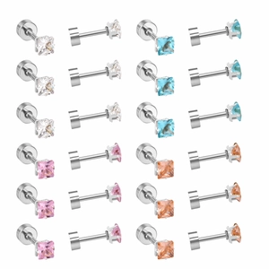 Detailed set of square-cut colorful gemstones in stainless steel screw-back earrings