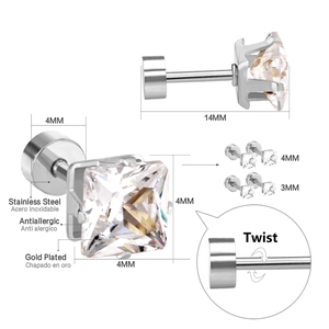 Detailed view of square cubic zirconia earrings with gold plated stainless steel screw back