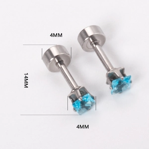 Detail view of 4mm square blue zircon earrings in silver stainless steel with dimensions