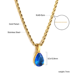 Détails de collier en acier inoxydable doré avec pendentif goutte d'eau bleue