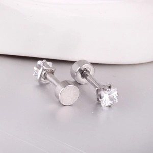 Square clear zircon screw back earrings in polished silver stainless steel for women