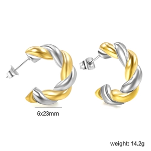 Silver and gold twisted C-shaped hoop earrings with 6x23mm dimensions and spiral texture