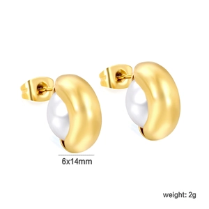 Boucles d'oreilles créoles C plaquées or 18k avec perles blanches, 6x14mm