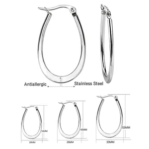 Size chart showing three sizes of oval stainless steel hoop earrings with dimensions