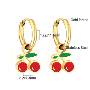 Orecchini a ciliegia in acciaio inossidabile dorato con smalto rosso e cerchi 1,72x11,4 mm