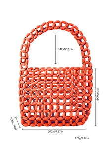 Handmade orange beaded handbag with woven hollow grid and round handle on white background
