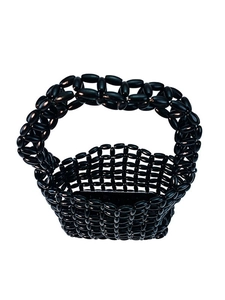 Handmade black beaded handbag with vintage woven wood beads and modern handle design