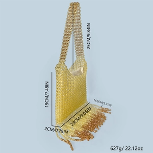 Handmade beaded handbag with amber tassels showing detailed dimensions and weight