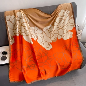 Floral print breathable satin silk shawl with orange and brown color block design