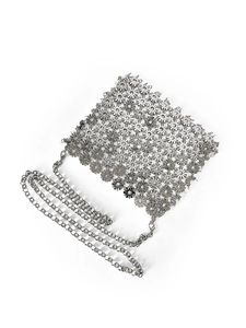 Detail of silver floral metal chain shoulder bag with hollowed-out flower petal structure