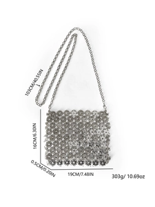 Detailed dimensions of silver floral metal chain bag with 103cm strap and size specs