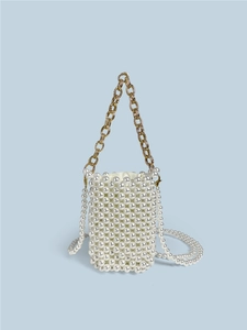 Handmade Beaded Faux Artificial Pearl Handbag For Women Elegant Crossbody Phone Bag With Gold Metal Chain Strap Vintage Mini Square Bag