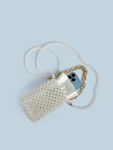 Handmade pearl beaded mobile phone bag with golden chain handle and long strap