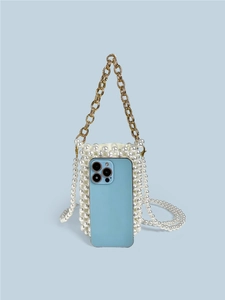 Handmade pearl beaded mini crossbody bag with gold chain strap and drawstring lining