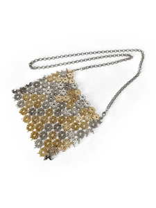 Vintage metal chain crossbody bag with silver and gold floral mosaic link design