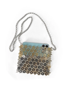 Hollow metal flower chain crossbody phone bag for women in gold, silver and black